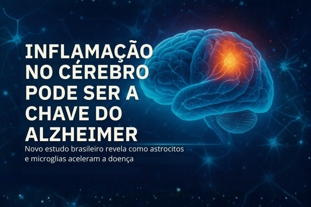 Ilustração de um cérebro com área inflamada destacada em laranja, representando nova pesquisa sobre Alzheimer.