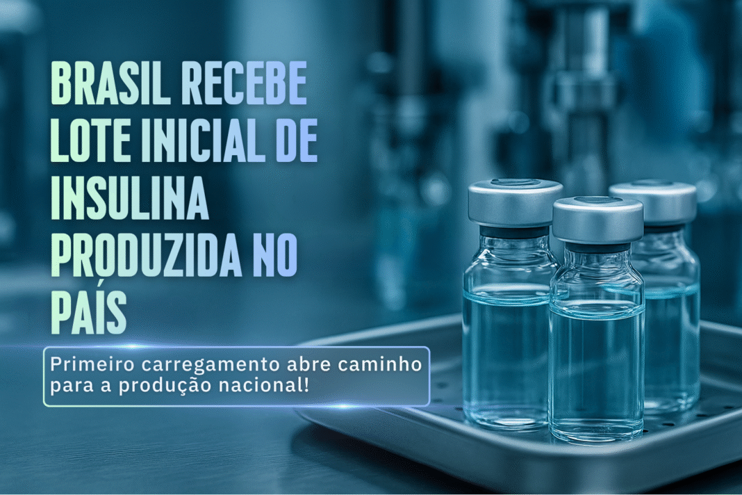 Primeiro lote de insulina glargina produzida no Brasil, com frascos alinhados em ambiente laboratorial.
