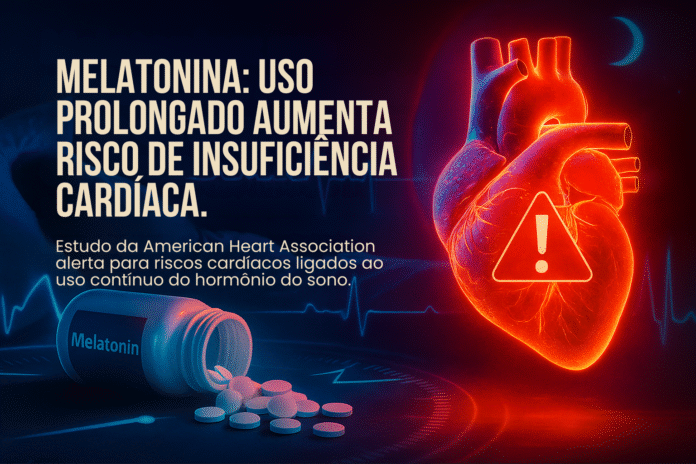Frasco de melatonina derramando comprimidos ao lado de um coração digital vermelho em alerta, simbolizando risco de insuficiência cardíaca.