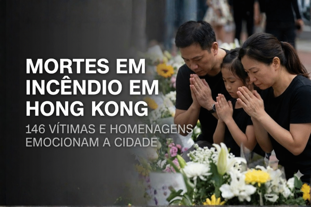 Família em Hong Kong reza diante de flores colocadas em homenagem às vítimas do incêndio que deixou 146 mortos.