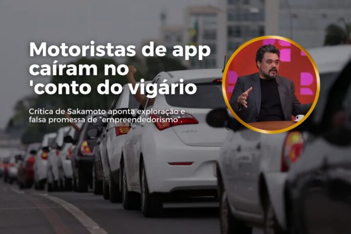 Motoristas de aplicativo em carreata com braços erguidos para protesto e destaque circular de Leonardo Sakamoto falando em estúdio.