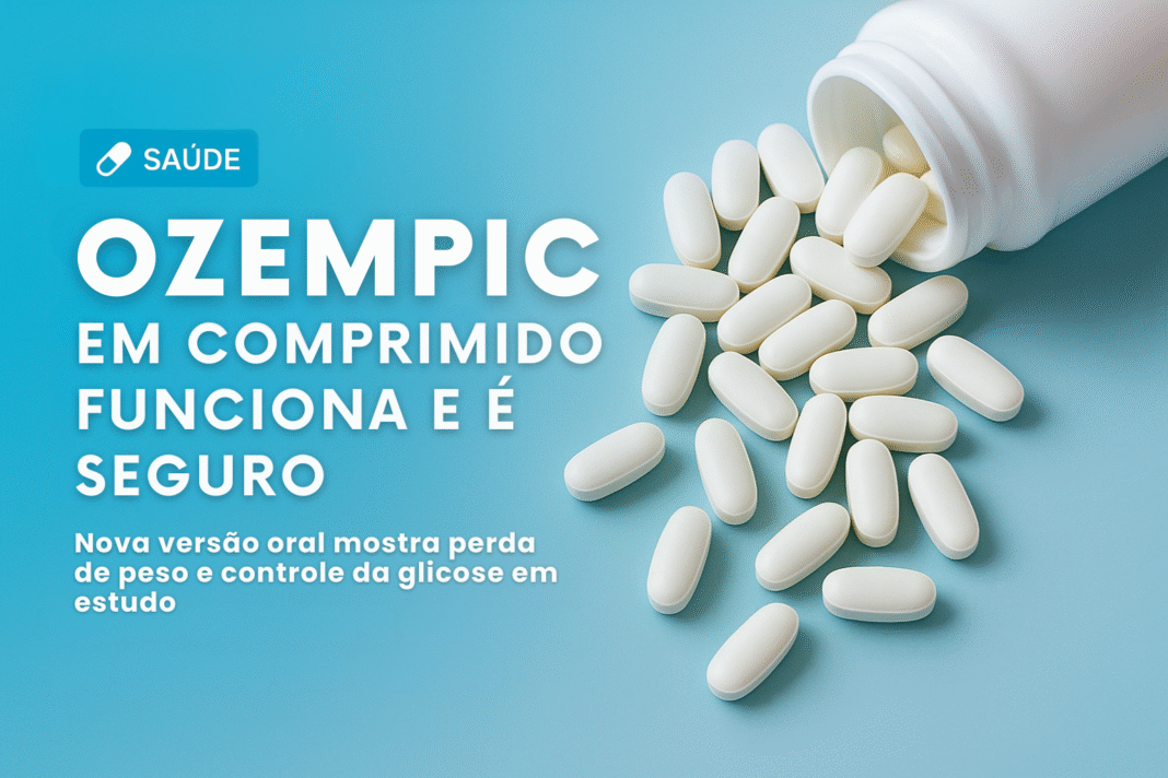 Comprimidos brancos representando a versão oral do Ozempic sobre fundo azul.