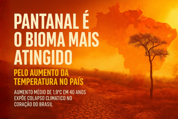 Fotomontagem mostra o Pantanal seco com tons alaranjados, destacando o aumento da temperatura e o impacto climático no Brasil