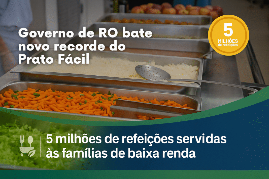 Bandejas de alimentos do programa Prato Fácil em restaurante credenciado, com destaque para o marco de 5 milhões de refeições servidas em Rondônia.