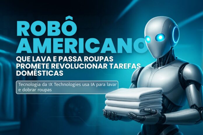 Robô Neo da 1X Technologies em ambiente futurista segurando roupas dobradas, representando o uso de IA nas tarefas domésticas