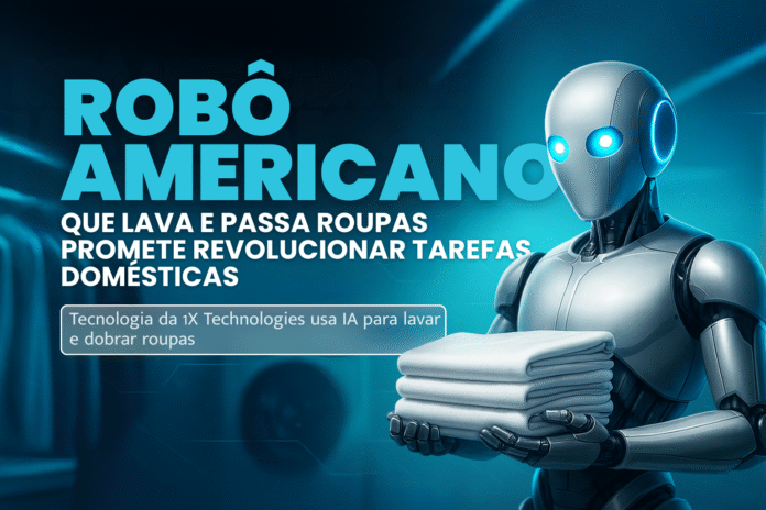Robô Neo da 1X Technologies em ambiente futurista segurando roupas dobradas, representando o uso de IA nas tarefas domésticas