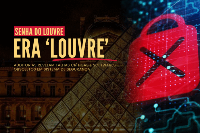 Museu do Louvre à noite com sobreposição digital e alerta de segurança cibernética