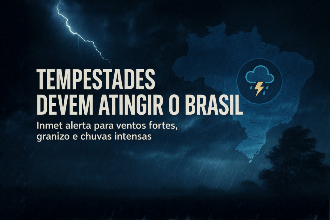 Mapa do Brasil em tom azul com ícone de tempestade e chuva, sob um céu escuro com relâmpago e forte chuva.