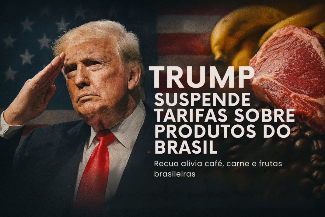 Donald Trump faz gesto de saudação ao lado de produtos agrícolas brasileiros, como carne e frutas, em arte sobre suspensão de tarifas.