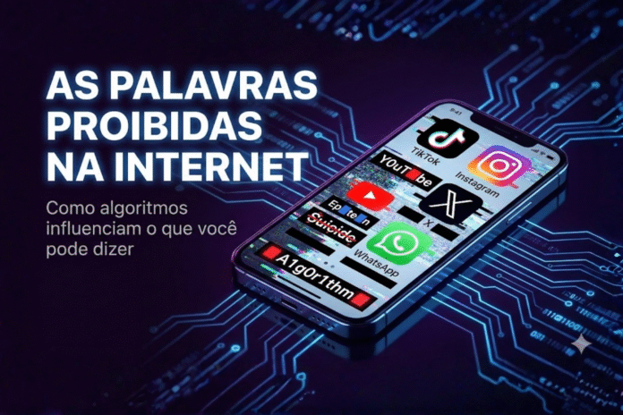 Smartphone com ícones de redes sociais censurados e título “As palavras proibidas na internet” sobre fundo tecnológico.