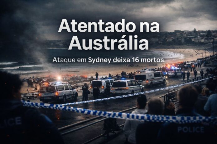 Viaturas policiais isolam a praia de Bondi após atentado a tiros em Sydney, na Austrália