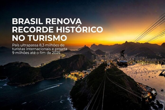 Pôr do sol no Rio de Janeiro com vista do Pão de Açúcar, simbolizando o recorde do turismo internacional no Brasil.