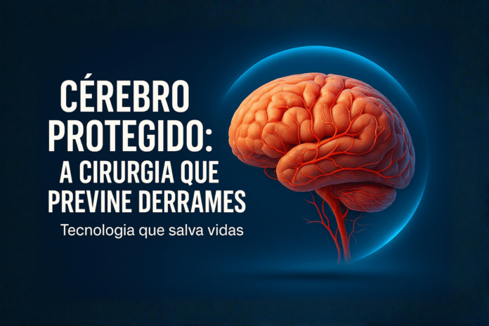 Ilustração em 3D de um cérebro com vasos sanguíneos destacados, envolvido por um halo azul que simboliza proteção vascular.