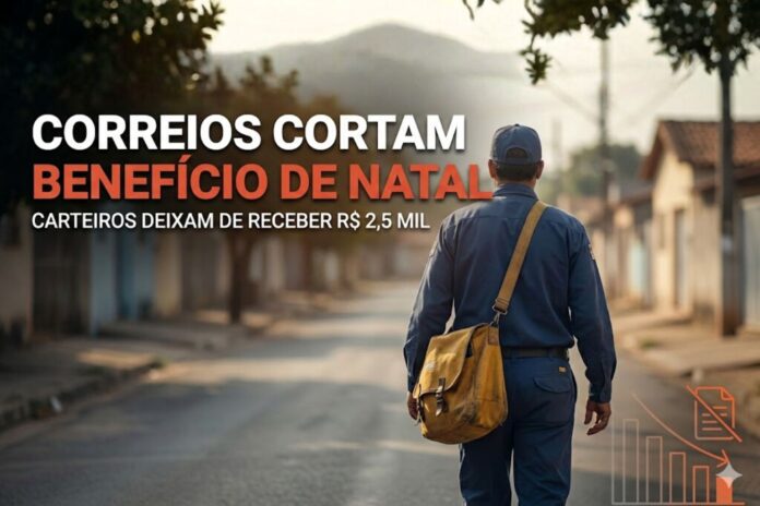 Carteiro caminha por rua residencial enquanto destaque visual informa o corte do benefício de Natal de R$ 2,5 mil pelos Correios.