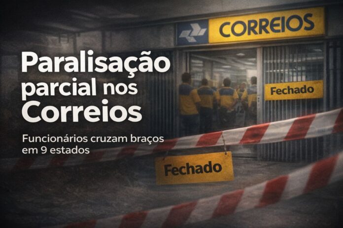 Paralisação parcial de funcionários dos Correios em agência durante mobilização em nove estados.