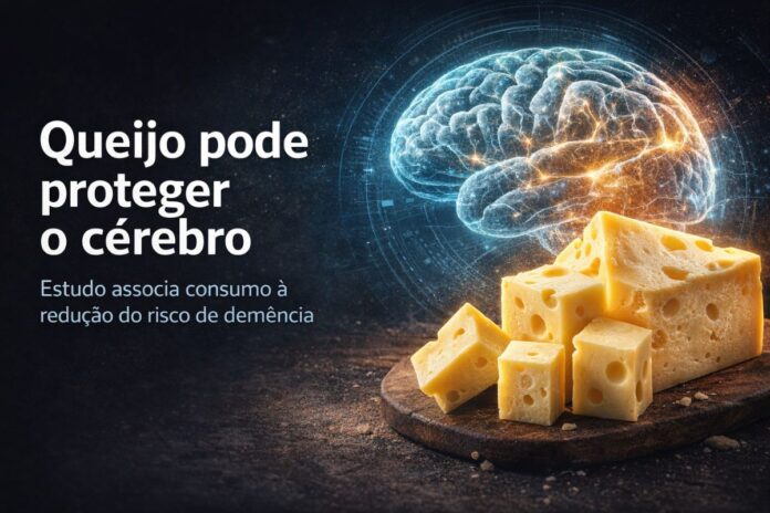 Ilustração mostra pedaços de queijo ao lado de um cérebro humano para representar estudo sobre alimentação e saúde cerebral.