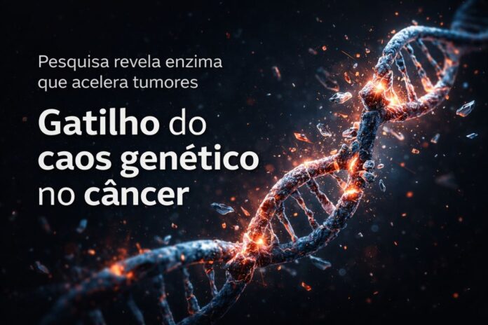 Ilustração de DNA se fragmentando simboliza o gatilho do caos genético no câncer agressivo.