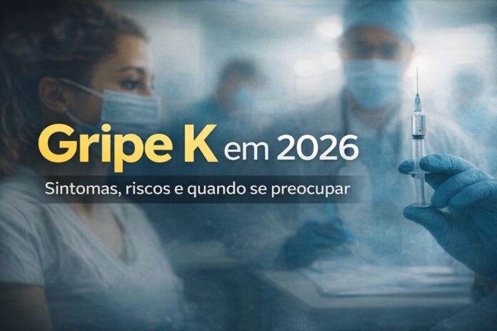 Pessoa usando máscara em ambiente clínico durante alerta sobre gripe K em 2026