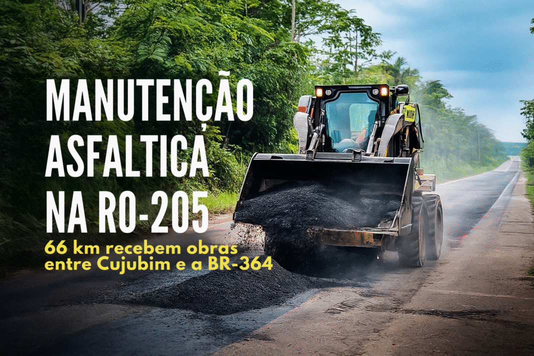 Máquina aplicando massa asfáltica durante manutenção em 66 km da RO-205, entre Cujubim e a BR-364.