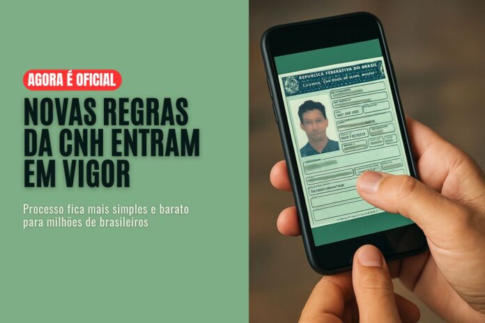 Pessoa segurando um smartphone com a CNH digital aberta na tela, ao lado do título “Novas regras da CNH entram em vigor”.