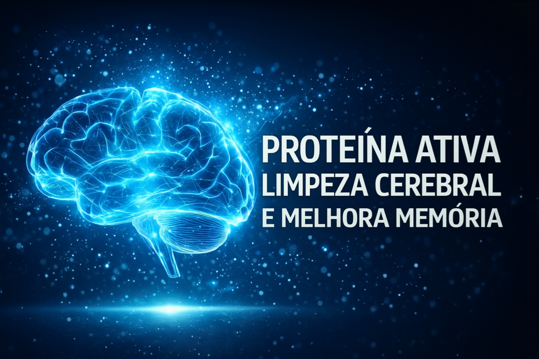 Cérebro holográfico azul com efeito digital representando limpeza cerebral pela proteína Sox9.