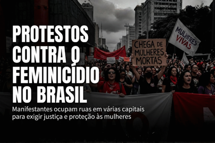 Manifestantes seguram cartazes durante protesto nacional contra o feminicídio no Brasil