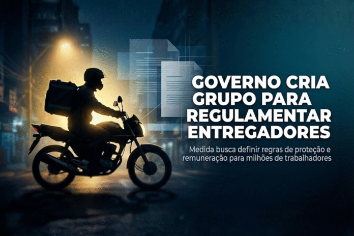 Entregador de moto em ambiente urbano noturno, com documentos digitais ao fundo, representando a regulamentação de entregadores por aplicativos.