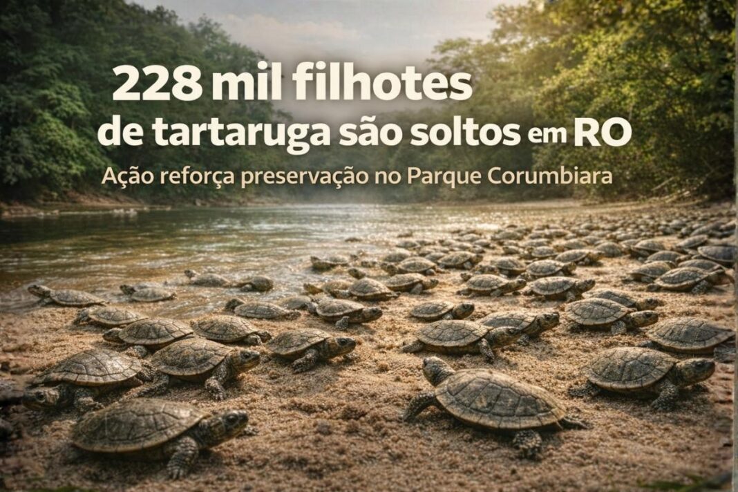 Filhotes de tartaruga-da-Amazônia durante soltura no Parque Estadual Corumbiara em Rondônia