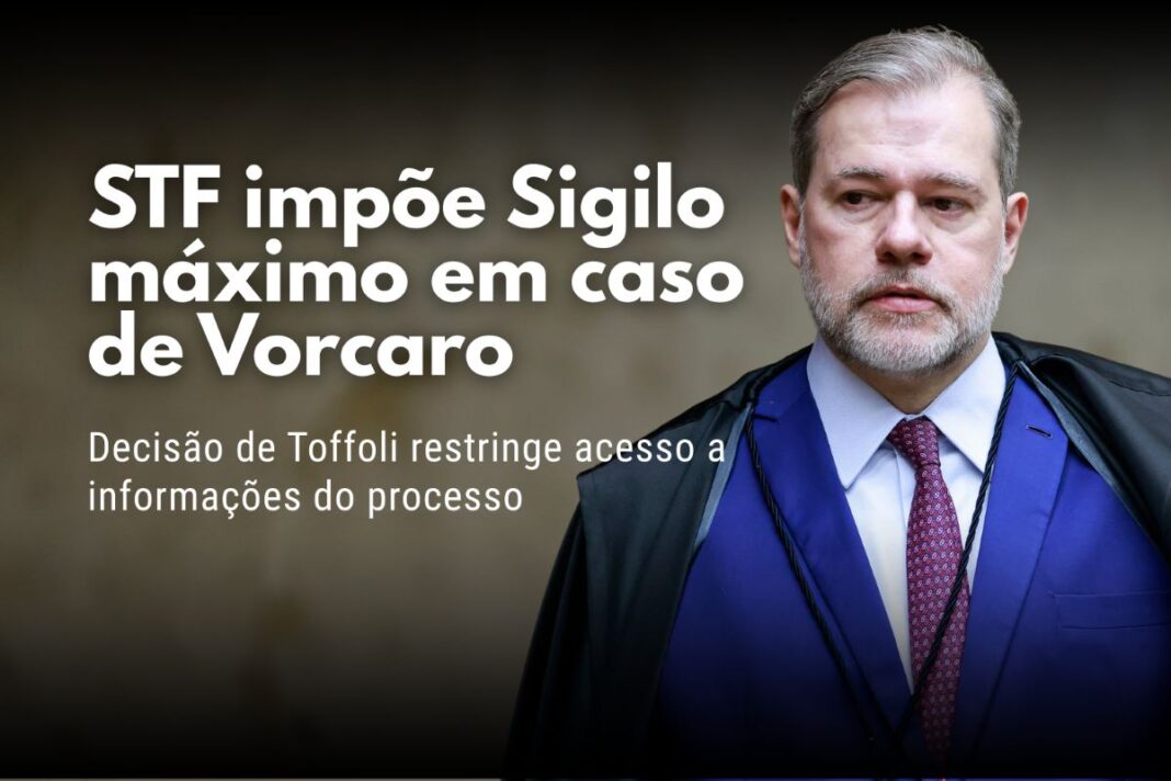 Ministro Dias Toffoli em destaque em arte sobre decisão do STF que impõe sigilo máximo no caso Daniel Vorcaro.