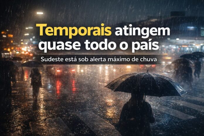 Temporais atingem quase todo o país, com chuva intensa em área urbana durante a noite e alerta máximo no Sudeste.
