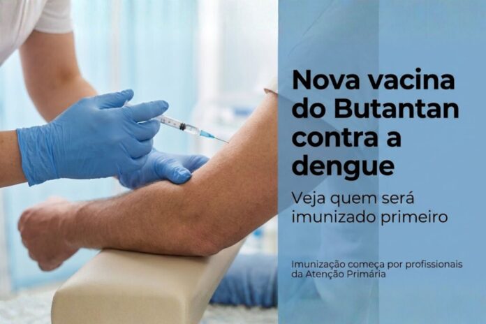 Profissional de saúde aplicando vacina no braço de um paciente durante campanha contra a dengue.