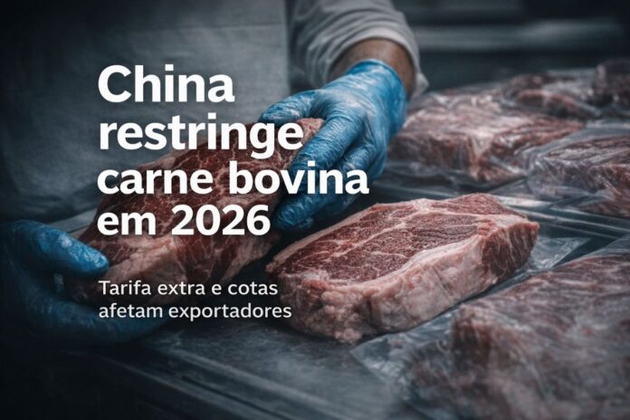 Carne bovina embalada em frigorífico durante processamento para exportação após restrições da China em 2026