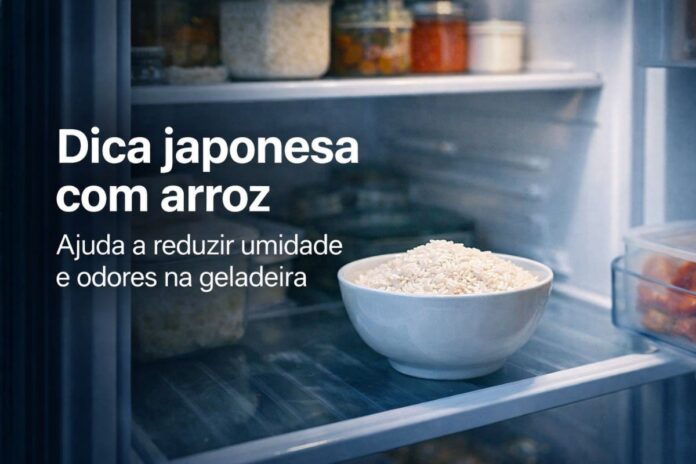 Tigela com arroz cru dentro da geladeira para absorver umidade e eliminar cheiro ruim