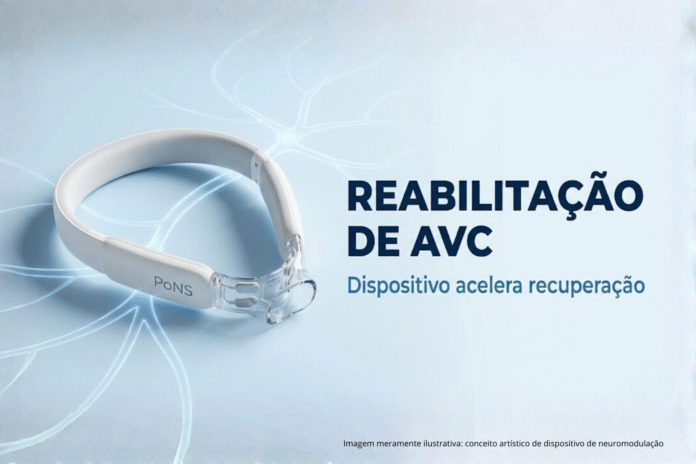 Dispositivo PoNS usado para acelerar a reabilitação de pacientes com AVC por estímulos elétricos na língua.