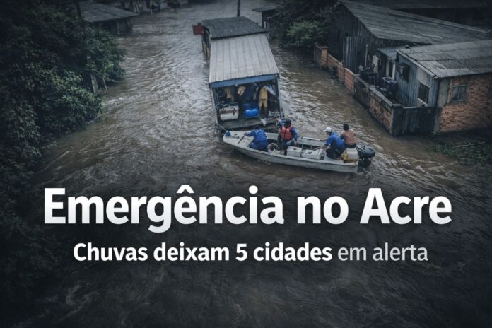 Barco com moradores e pertences navega por rua alagada durante enchente causada por fortes chuvas no Acre