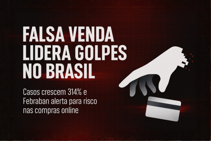 Mão usando smartphone com alerta digital representando risco de golpe online.