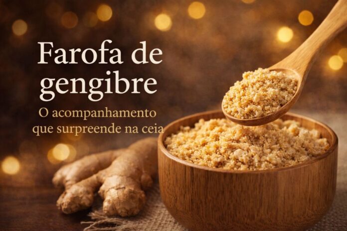 Farofa de gengibre servida em bowl de madeira como acompanhamento da ceia de Natal