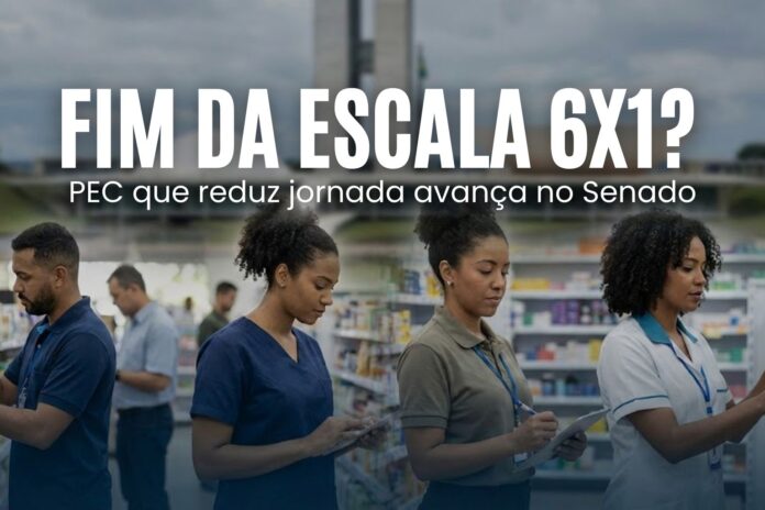 Trabalhadores organizando produtos em farmácia enquanto o debate sobre a escala 6x1 avança no Congresso.