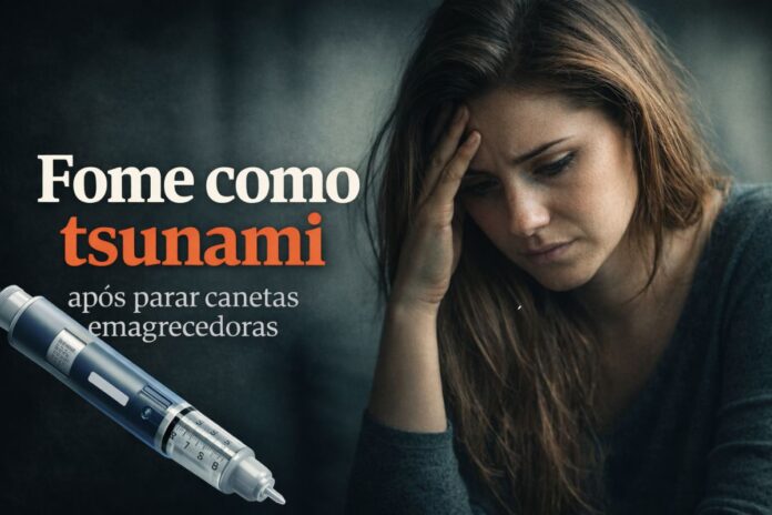 Mulher preocupada ao lado de ilustração de caneta emagrecedora representando retorno da fome após interrupção do medicamento