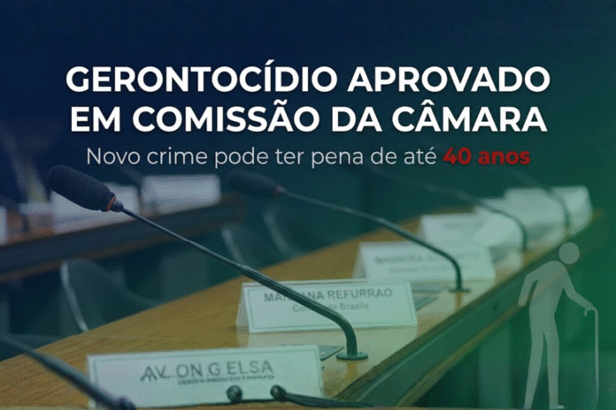 Arte de capa sobre gerontocídio aprovado em comissão da Câmara, destacando pena de até 40 anos.