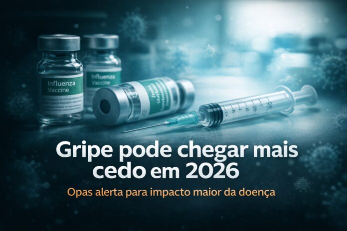 Frascos de vacina contra gripe ilustram alerta da Opas sobre temporada de influenza em 2026