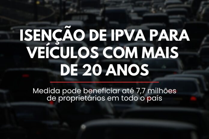 Capa sobre isenção de IPVA para veículos com mais de 20 anos, com fundo de trânsito e título em destaque.