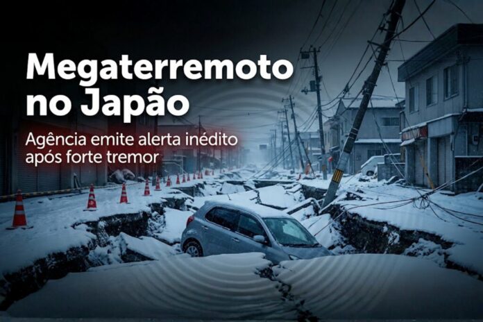 Rua no Japão destruída após terremoto, com carro preso em área colapsada e alerta de possível megaterremoto emitido pelo governo.