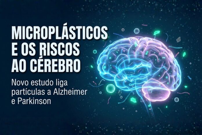 Microplásticos flutuando ao redor de um cérebro humano iluminado, representando riscos neurológicos.