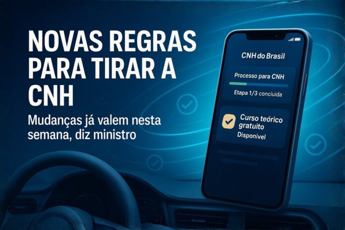 Arte de capa sobre as novas regras para tirar a CNH, com título em destaque e ilustração de smartphone exibindo etapas do processo digital.
