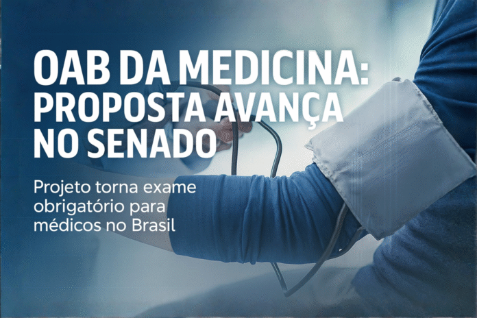 Capa jornalística sobre a proposta da OAB da medicina, com imagem de médico medindo pressão e título sobre o avanço do projeto no Senado.