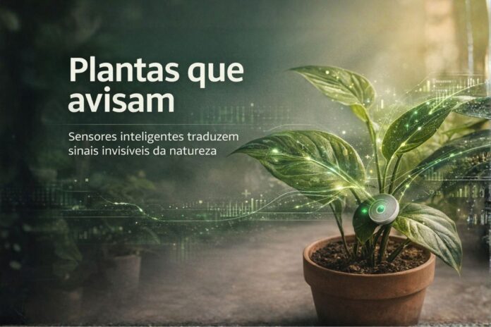 Planta em vaso com sensor inteligente indicando sinais de comunicação entre natureza e tecnologia