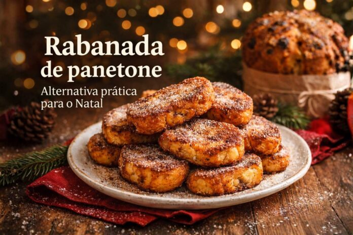 Rabanada de panetone dourada polvilhada com açúcar e canela para a ceia de Natal