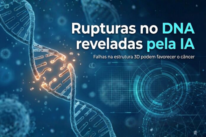DNA com rupturas luminosas sendo analisado por elementos visuais de inteligência artificial em fundo azul científico.