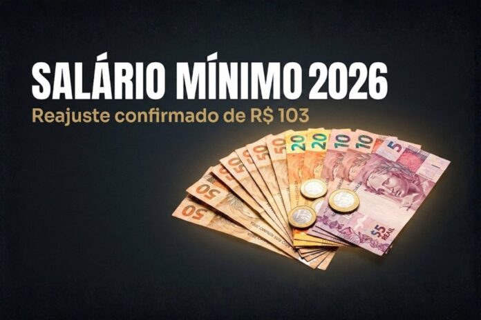 Salário mínimo 2026 com reajuste confirmado de R$ 103 em destaque sobre fundo escuro com notas de real.